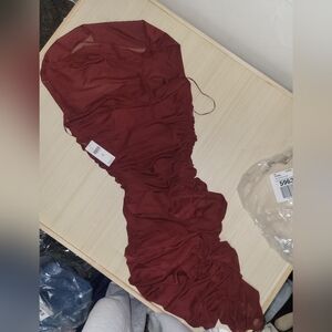 ANTHROPOLGIE Long Fitting Ruched Maroon Dress Sheer Neck XS And Medium